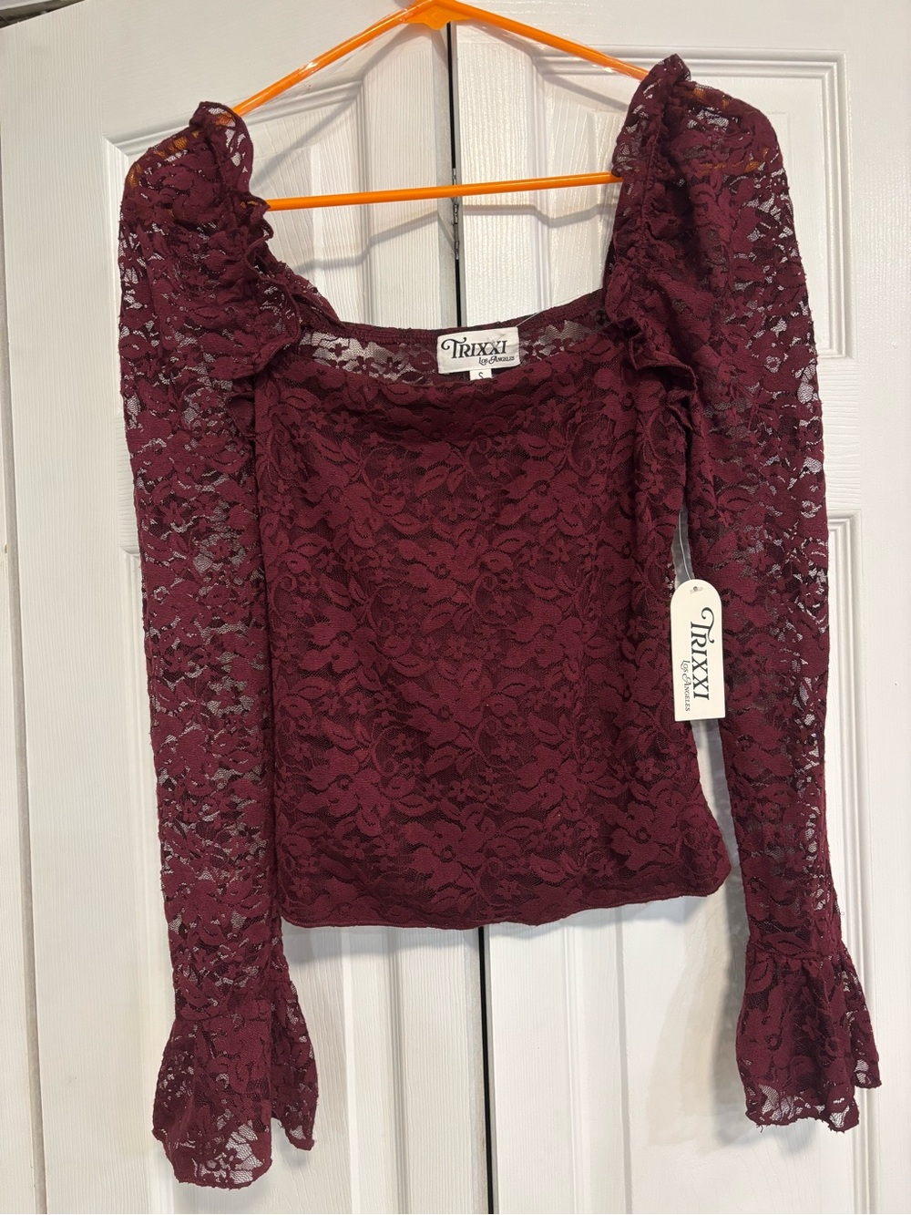 Trixxi Burgundy Lace Square-Neck Long Sleeve Blouse